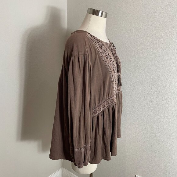 Lucky Brand Womens XL Embroidered Peasant Blouse Brown Long Sleeve Boho Shirt - Picture 3 of 12